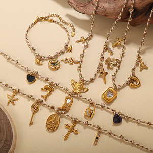 European American Retro Beach Style Pearl Pendant <b>Bracelet</b> <b>Set</b> Stainless Steel 18K Gold Plated Ceramic Necklace For Women - Product Image 3