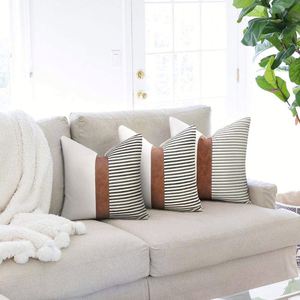 Modern Tan Accent Farmhouse Decor Stripe <b>Patchwork</b> Faux Leather Linen <b>Throw</b> Pillow Covers - Product Image 3