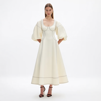 Nouvelle Robe Midi Femme Élégante Blanc Cassé Col Rond Manches Bouffantes à Coutures Contrastantes et Corsage Panneauté Coupe Évasée Personnalisable Vente en Gros