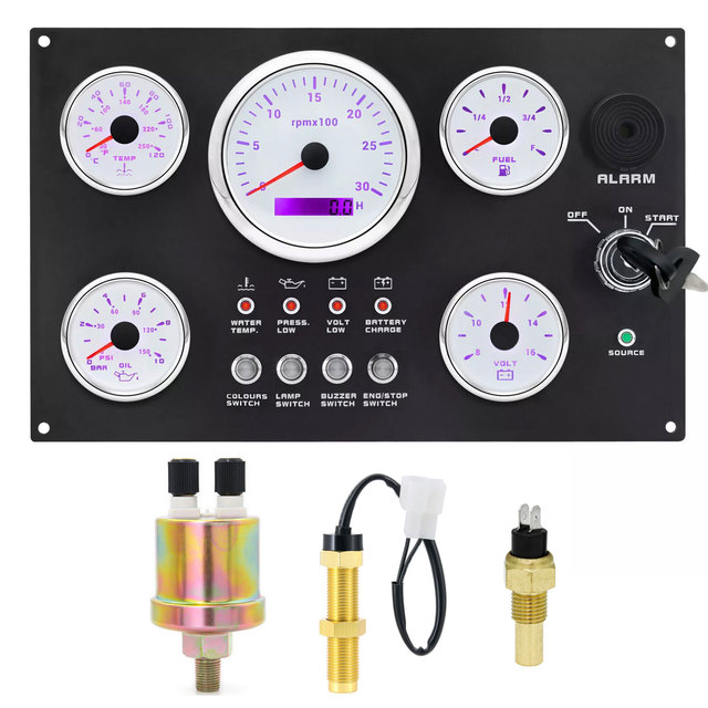 High Performance Marine Dashboard Panel Instrument With Analog Tachometer Oil Pressure Water Temp Fuel and Volt Meter 3000RPM