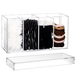 4 Compartment Acrylic Makeup Organizer and Storage with Lid Bathroom Storage with 4 Tray, Brush Holder for Cosmetics (1 Pack)