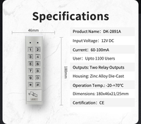 DK-2891A Caja Metálica Ultradelgada de Doble Relé, Fundición a Presión, Clasificación IP-65, 1100 Usuarios, LED Azul, 12V CC, Control de Acceso por Tarjetas de Proximidad, Mullion