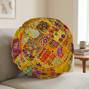 Embroidered Cotton <b>Round</b> Floor <b>Cushion</b> in Vibrant Orange Patchwork Design Handmade Decorative Seat <b>Cushion</b> for Home Office - Product Image 1