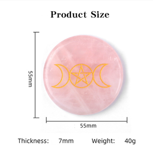 Base d'énergie ronde en <span class=keywords><strong>pierre</strong></span> naturelle de 55 mm, gravée avec un arbre de vie, une étoile, une lune, des ornements en quartz <span class=keywords><strong>rose</strong></span> - Product Image 5