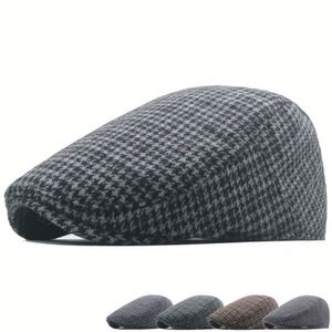 Wool Tweed Checked Herringbone Beret Hats <b>Men</b> Fall Winter Plaid <b>Flat</b> Gatsby Hat Outdoor Warm <b>Flat</b> Top Ivy <b>Cap</b> - Product Image 1