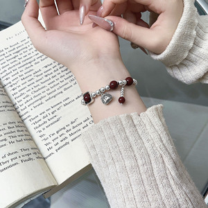 S925 Sterling Silver Cinnabar <b>Bead</b> <b>Bracelet</b> With Fortune Charm Geometric Design Women's Everyday Wear Jewelry - Product Image 4