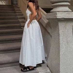 2025 alla moda abito bianco senza schienale lungo fino al pavimento da donna stile donna gonna a schiena naturale intrecciata - Product Image 3