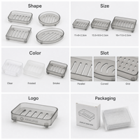 Porte-savon en acrylique personnalisé transparent avec fentes de drainage, pieds surélevés et espace pour logo, idéal pour hôtel, spa, coffret cadeau