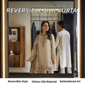 <b>Women's</b> Exclusive Indian Style Embroidered Reversible All Seasons <b>Kurta</b>/Kurti Set Chinon Silk Top Palazzo Indian/Pakistani Zain - Product Image 2