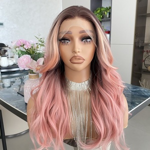 Perruques synthétiques Lace 13x4 Rose Pêche Ondulé Italien avec Mèches, Transparentes, Sans Colle, Aspect Naturel, Ligne de Cheveux Pré-Plumée, Résistantes à la Chaleur - Product Image 1