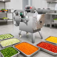 Commerciële roestvrijstalen automatische industriële dubbelkopige groentesnijmachine met transportband voor restaurantkeuken