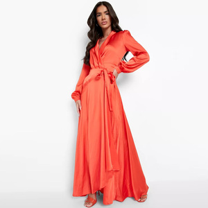 Nuovo abito da donna Casual elegante manica lunga in raso asimmetrico avvolgente con cintura Sexy con spacco - Product Image 2