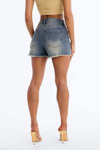 Shorts <span class=keywords><strong>en</strong></span> jean taille haute pour femme, ourlet brut, extensibles, style vintage délavé, mini-pantalon sexy, décontracté, pour l'été et la plage - Product Image 4