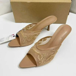 Sandalias de tacón alto con bordado y cuentas, sin espalda, de malla, elegantes y versátiles, con punta abierta y tacón de aguja para mujer - Product Image 4