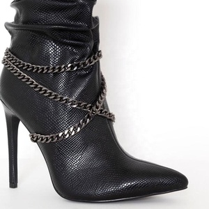 Pleated Shaft Metal Chain Decor Side Zip Pointy Toe Half Knee High Shoes Women <b>Boots</b> Thin Heel Warm Mid-calf Lady Big Size - Product Image 4