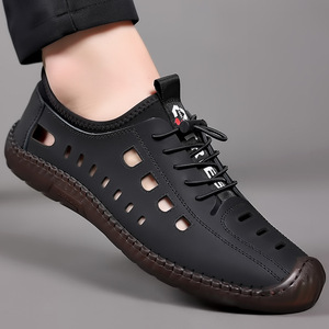Men's Summer Breathable Genuine Leather Slip-On Casual <b>Flat</b> <b>Sandals</b> Closed Toe Rubber Outsole Solid Color - Product Image 4