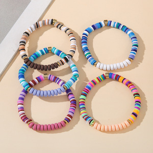 Colorful Polymer Clay <b>Bracelets</b> Women's Bohemian Style Elastic <b>Rope</b> Beach Jewelry 5 Piece Pack - Product Image 3