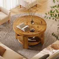 Table basse ronde à 2 niveaux en bois massif avec rangement, brun naturel à anneaux, style ferme, table d'appoint centrale pour salon