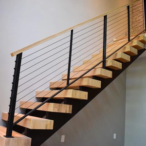 Escalier flottant en porte-à-faux contemporain en métal, acier et bois, design moderne avec colonne centrale droite - Product Image 1