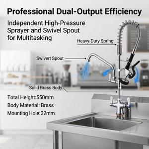 Commercial Pre Rinse Faucet Spring Action Pull Down <b>Spray</b> Dual Handle Wall <b>Mounted</b> Chrome Kitchen Sink - Product Image 6