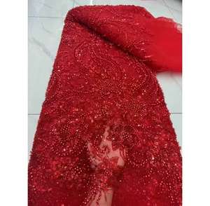 Matériaux de dentelle africaine de haute qualité, perles nigérianes et dentelle à paillettes, tissus de broderie pour robes de mariée - Product Image 6