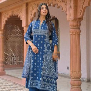 Traditional <b>Indian</b> Women's Blue Cotton Quick Dry Regular Fit Knee-Length <b>Kurta</b> Set for Diwali Wedding & Party Wear - Product Image 1