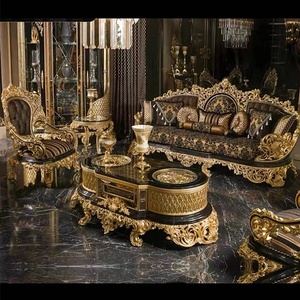 Set di Divani in Legno Massiccio Stile Vittoriano Europeo, Lussuoso Set di Divani Intagliati in Stile Tradizionale per Hotel e Ville - Product Image 1