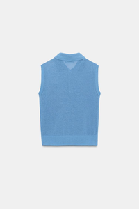 Custom Private Label Women's Blue <strong>Sleeveless</strong> <strong>Polo</strong> <strong>Neck</strong> Knit Vest Sweater Tank Top Wholesale OEM <strong>Jumper</strong> Pullover Manufacturer - Product Image 6