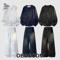 Ensemble sweat-shirt col rond oversize personnalisé et pantalon large pour homme, style décontracté délavé à l'acide, vente en gros, fabricant, OEM, ODM