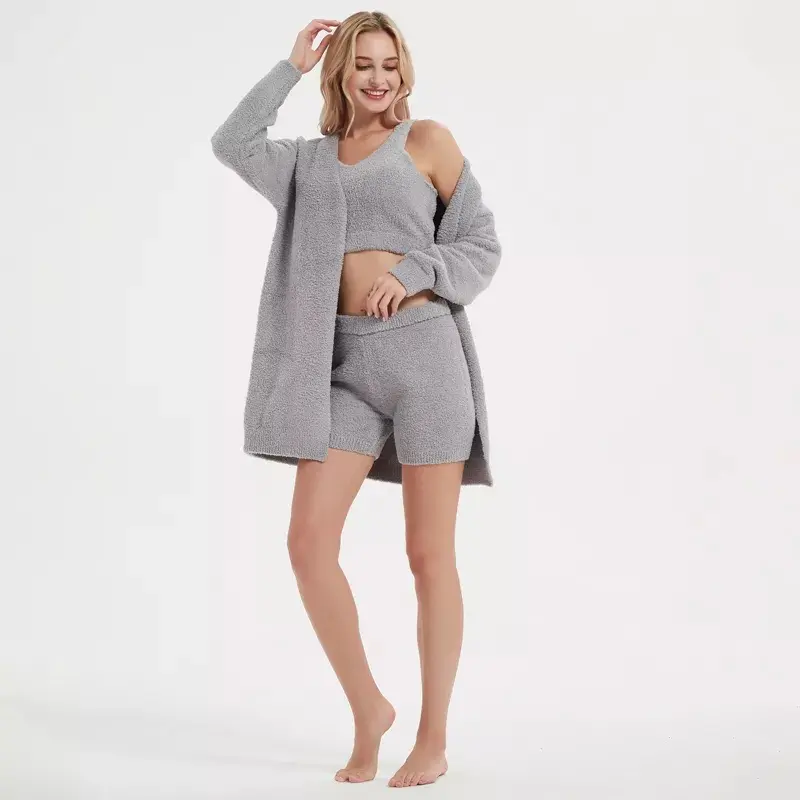 Hot Sale Ladies Winter Sleepwear Warm Feather Yarn Cardigan With Crop Top And Shorts 3 Pieces Sets Lounge Wear Pajamas