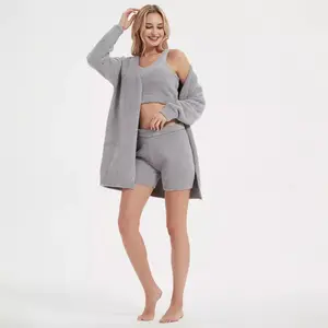 Hot Sale Ladies Winter Sleepwear Warm Feather Yarn Cardigan With Crop Top And Shorts 3 Pieces Sets Lounge Wear Pajamas