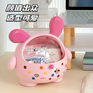 Pink Rabbit Shape Desk Organizer With Dots Pattern Covered Storage Box For Snacks Stationery Cosmetics Office Use - Product Image 1