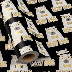MAYPLUSS Metallic Christmas Gift <b>Wrap</b> Paper 17 Inch X 33 Feet Gold Bear Black Background - Product Image 1