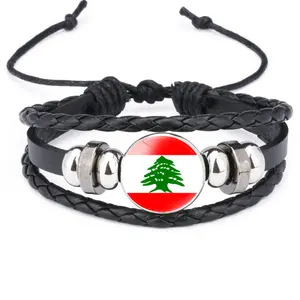 एशियाई राष्ट्रीय झंडे, लेबनान ध्वज गाय के चमड़े के कंगन, काले हस्तनिर्मित बुने हुए कंगन