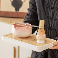 Ensemble de cérémonie du thé japonais en porcelaine : support Chasen, bol à Matcha à motif vague en relief, kit cinq pièces, design fleur de cerisier en poudre, durable et écologique