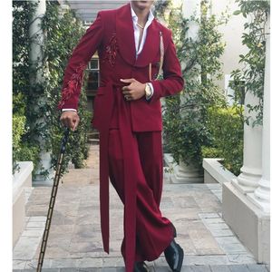 Trajes de Esmoquin Borgoña con Apliques de Cuentas para Hombre, Trajes Formales de <span class=keywords><strong>2</strong></span> Piezas para Novio de Boda con Cinturón, Traje de Gala Personalizado a Medida - Product Image 4