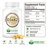 Elixir Vert Vitamine D3 10000 UI & K2 200mcg Gélules Molles avec Huile de Coco 300 Unités