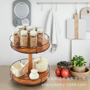 Solid wood double-layer rotating <b>storage</b> rack for <b>dressing</b> <b>table</b>, cosmetics organizer, kitchen countertop, spice bottle <b>storage</b> - Product Image 1