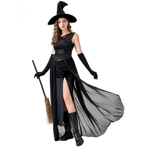 Disfraz de bruja para mujer, vestido largo negro con sombrero y guantes, traje de Cosplay para fiesta de Halloween, disfraz Sexy para escenario - Product Image 2