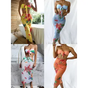 2023 Custom Women Bikini Three-Piece Print Mesh Long Skirt Off-The-Shoulder Bikini Beach Style Swimwear Sexy