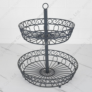 Double Layer Fruit Basket Grey Wrought Iron Round <b>Standing</b> Type Durable Kitchen Storage Basket For Home Use - Product Image 2