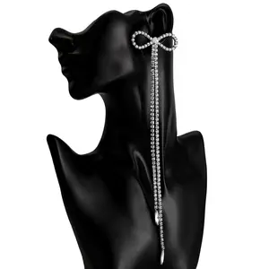 온라인 쇼핑 사용자 정의 패션 보석 과장된 간단한 라인 석 긴 매달려 활 귀걸이 술 실버 여성 럭셔리
