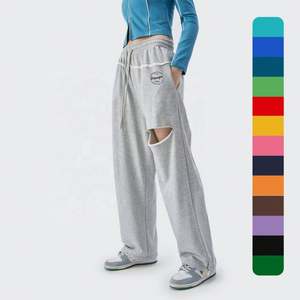 OEM Custom Logo <b>Wide</b> <b>Leg</b> Sweatpants French Terry <b>Joggers</b> Plus Size Plain Hole Oversized Street Print Straight <b>Joggers</b> for Women - Product Image 1