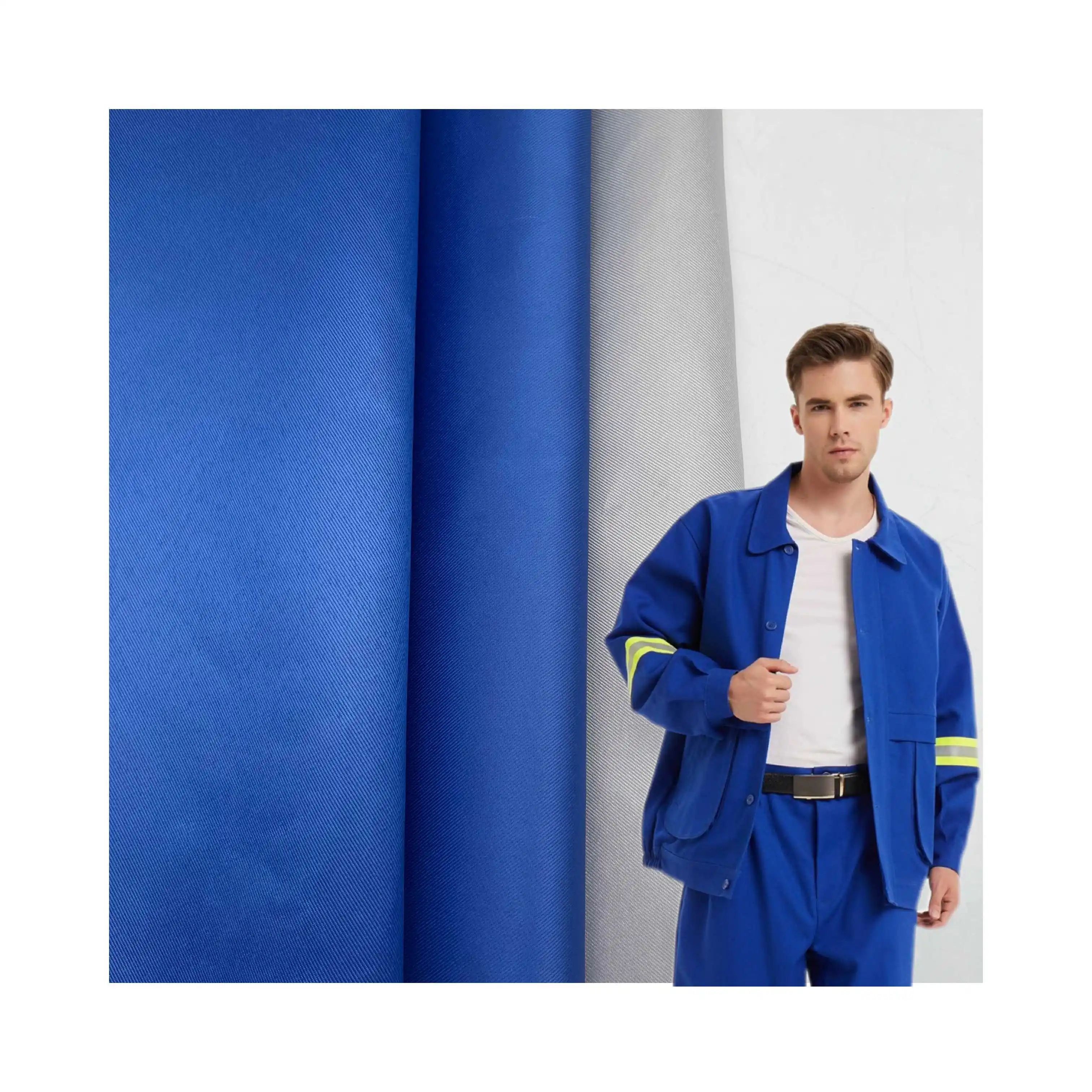 Bleu gris 100% Polyester imperméable ignifuge sergé tissé gabardine tissu vêtements de sécurité usage industriel