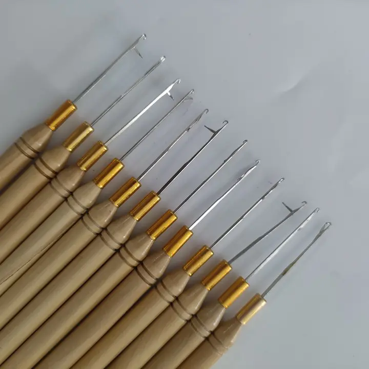 Hook Needle Hair Tools Wooden Handle Needles Micro Rings Pulling Needle Threader For Loop Hair Extension tools