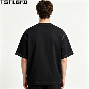 Oem Odm Contrast Stitch <b>T</b> <b>Shirt</b> Men Black Crew Neck Oversized Drop Shoulder Chest <b>Pocket</b> Streetwear Y2K Casual Wholesale Bulk - Product Image 2