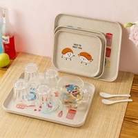 Plateau rectangulaire réutilisable en paille de blé pour enfants, motif dessin animé, pour la maison et l'école, pour le rangement des aliments, assiette de table en plastique