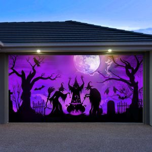 Pancarta para Puerta de Garaje de Halloween, Luna Llena Nocturna Púrpura, <span class=keywords><strong>Tres</strong></span> Brujas, Cementerio, Cubierta Grande para Puerta de Garaje, Decoración Exterior Personalizable - Product Image 1