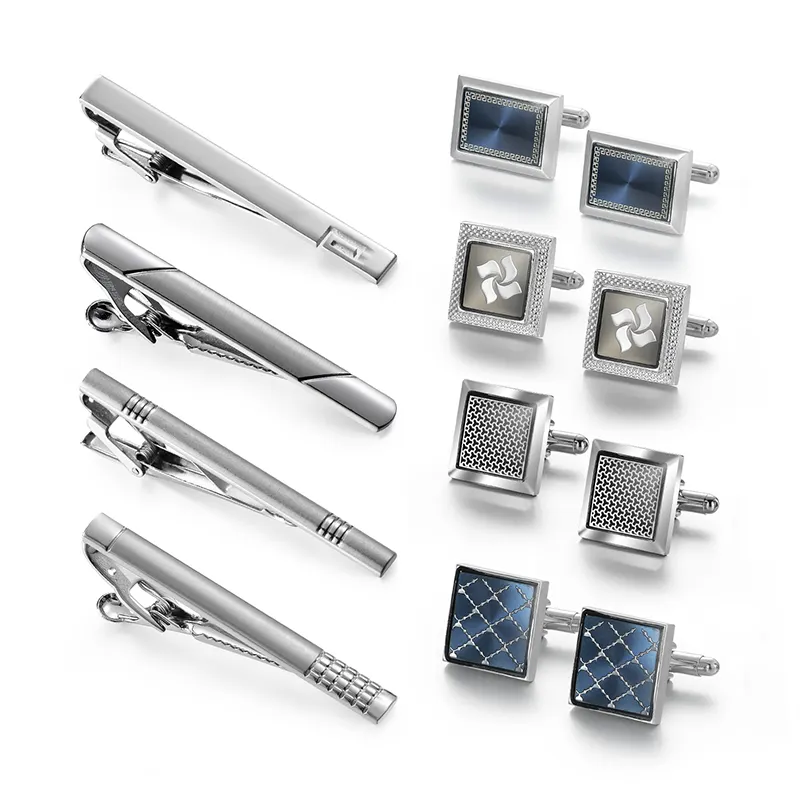 Daili Hot Sale Colorful Cufflinks Tie Pin Sets Fashion Style Silver Cufflinksd Tie Pin for Men Gift Cuff Link Tie Bar Set