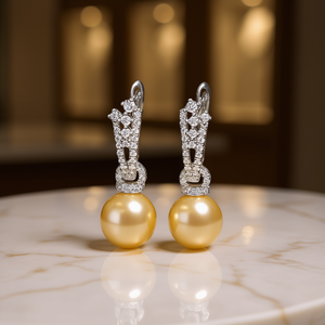 Boucles d'oreilles en perles Mikimoto, argent 925, or, perles cultivées des mers du Sud, rondes, qualité AAA, sertissage pavé, classiques, pendantes, bijoux de mariage pour femmes - Product Image 2